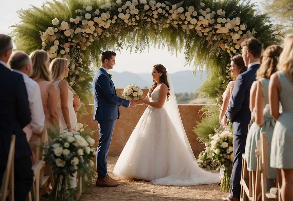 A bride and groom exchanging vows under a simple arch adorned with flowers, surrounded by close family and friends in an intimate civil wedding ceremony