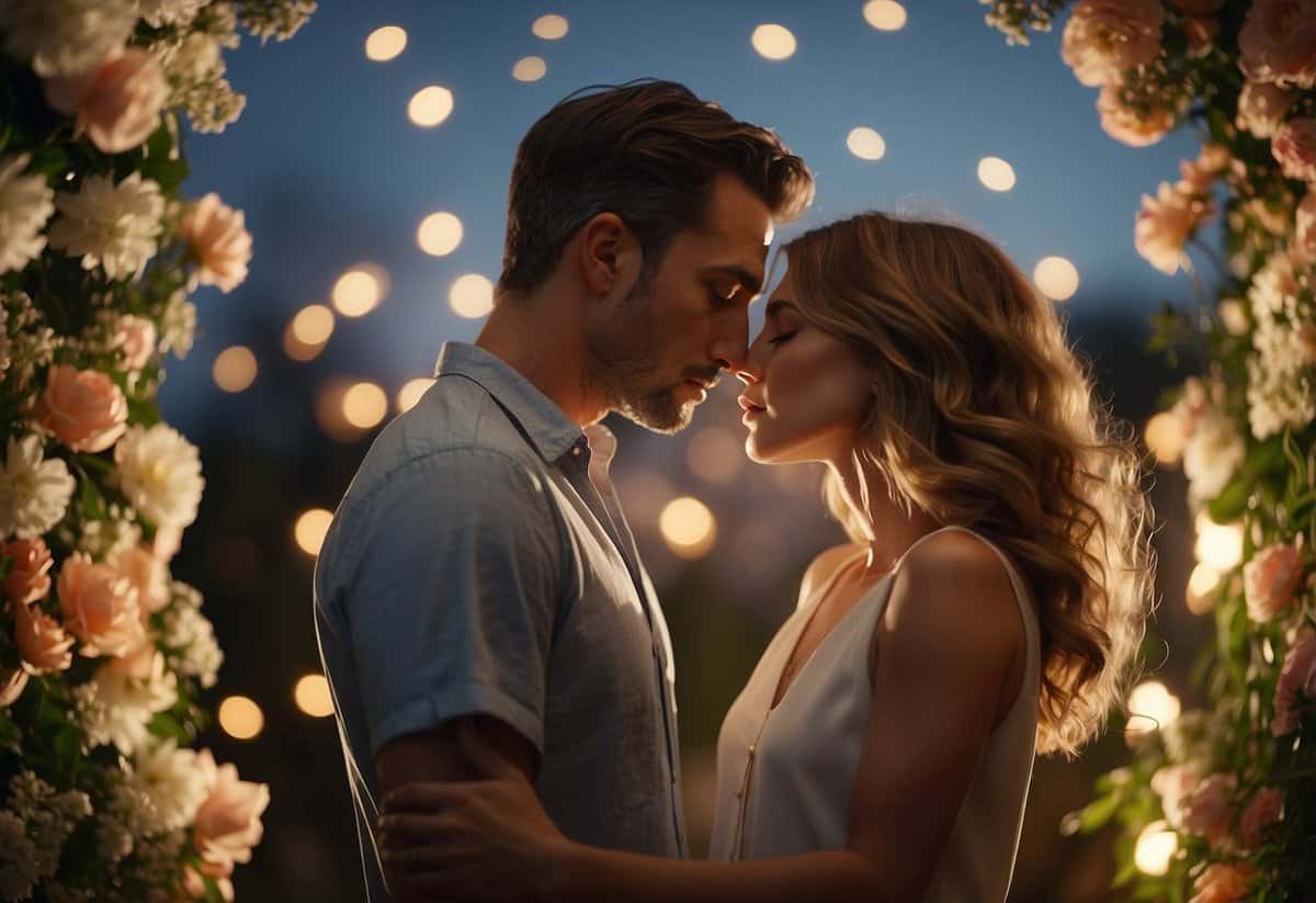 A couple leans in, eyes closed, as they press their lips together in a tender and romantic kiss. The background is filled with soft lighting and floral decorations