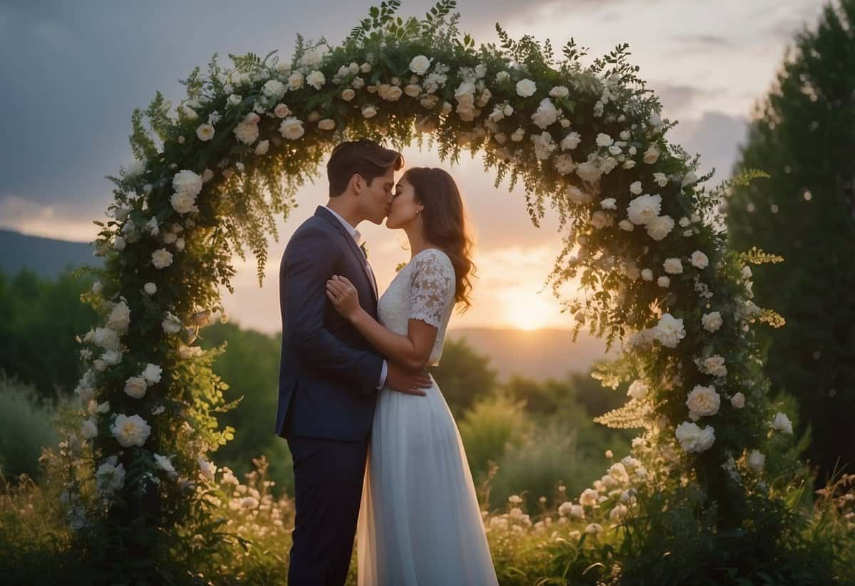 A couple kisses under a floral arch, surrounded by greenery and soft lighting