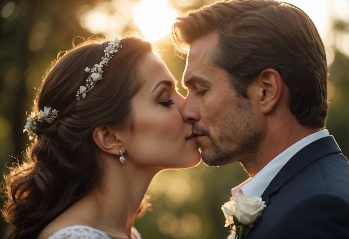 A couple leans in for a gentle wedding kiss, their lips barely touching