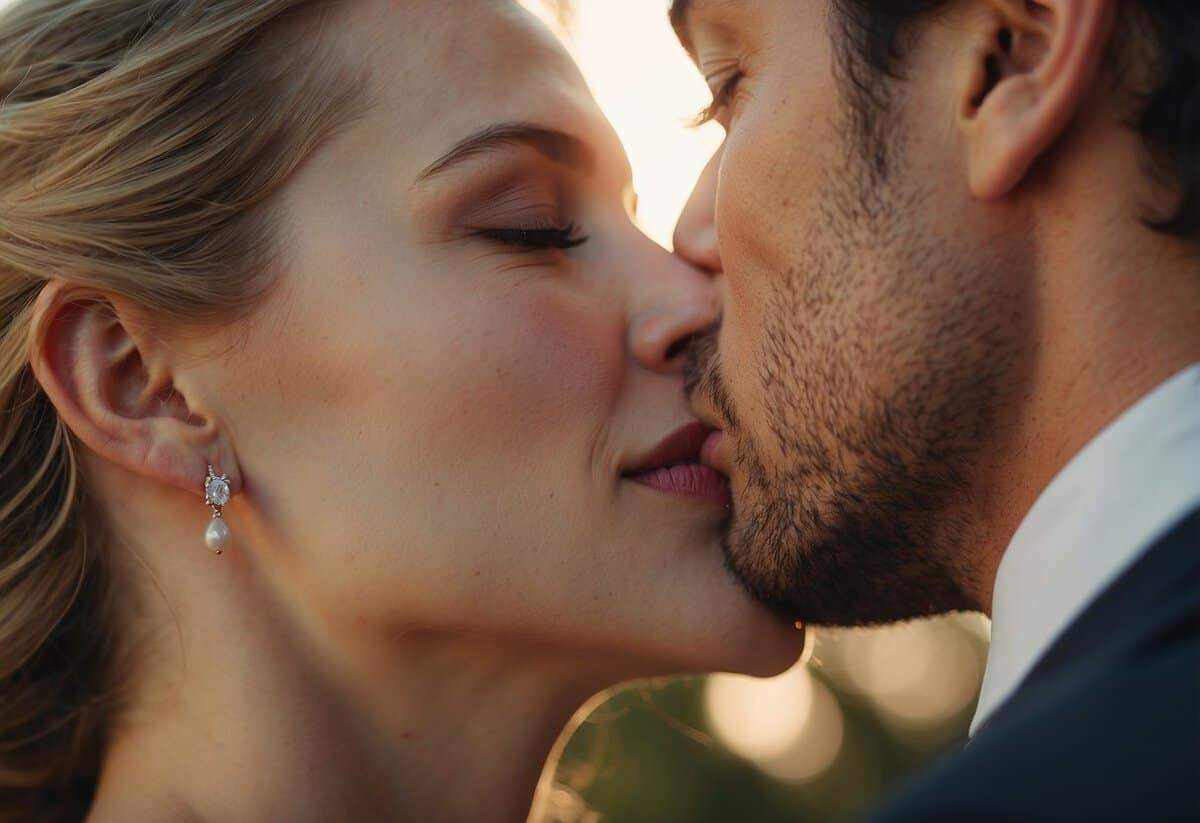 A couple's lips meet in a tender, timed kiss at their wedding