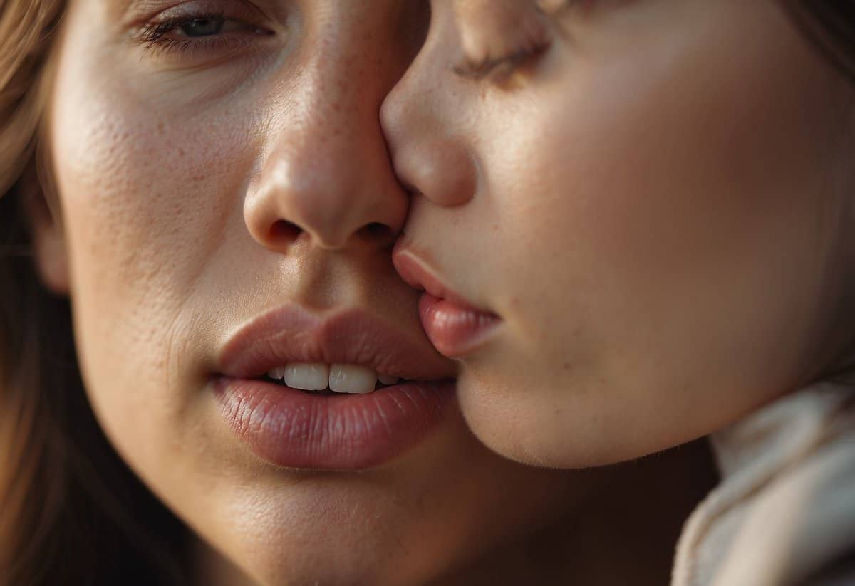 A couple's lips meet in a tender kiss, surrounded by a soft, romantic atmosphere