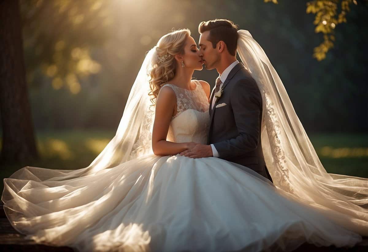 A couple's lips gently touch, framed by a delicate veil. Soft lighting and romantic surroundings set the stage for the perfect wedding kiss