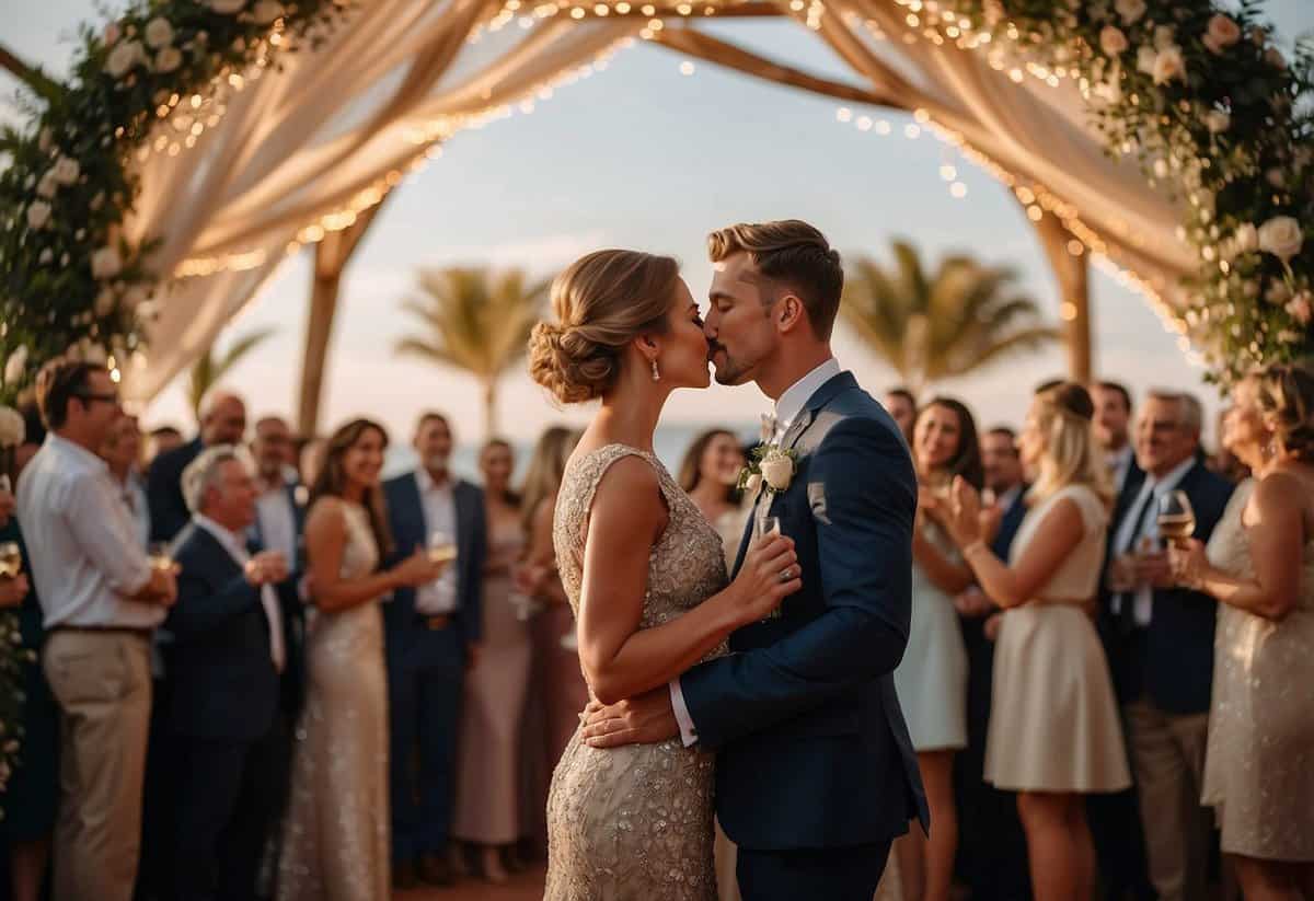 A couple leans in for a kiss, surrounded by cheering guests and a beautiful wedding backdrop