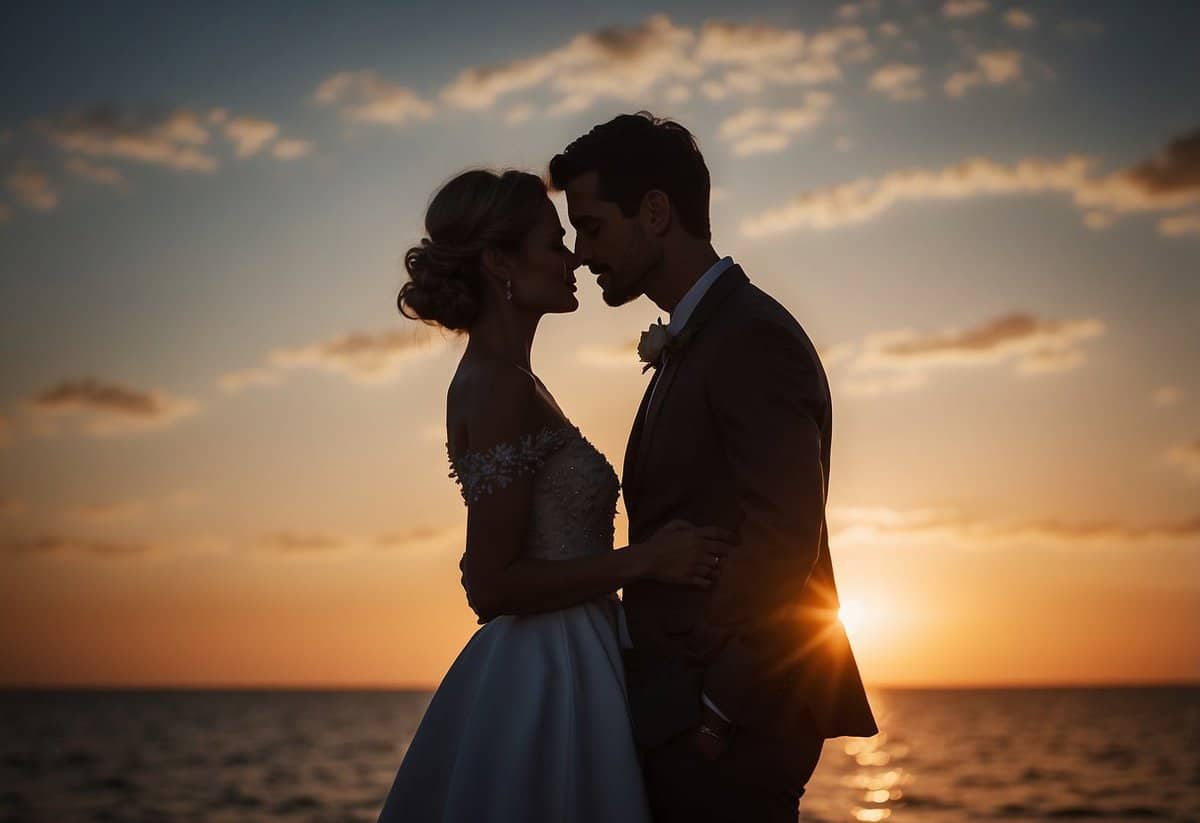 A couple's silhouette against a sunset, their heads tilted towards each other, lips touching in a tender wedding kiss