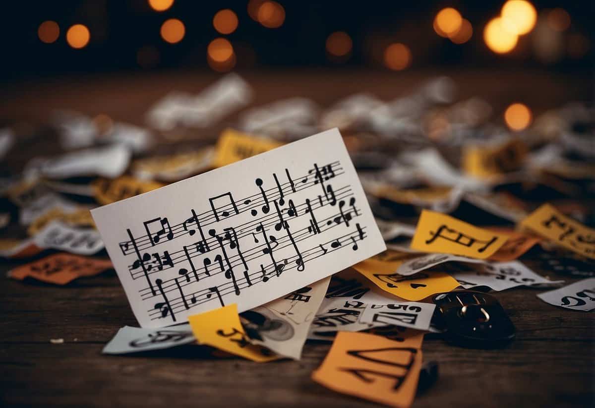 A sign with "Do Not Play List" surrounded by crossed-out music notes, next to a pile of rejected song titles