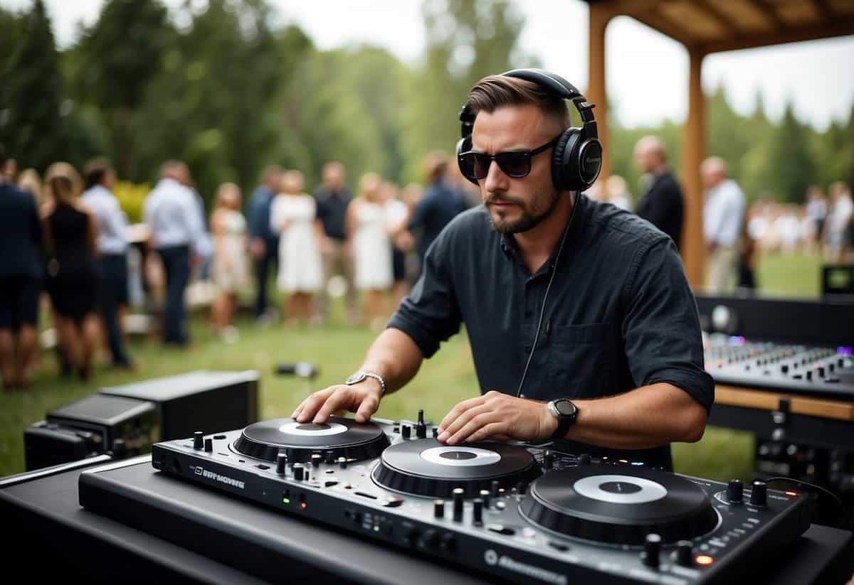 A professional DJ sets up equipment for a wedding, surrounded by speakers and a mixing board. They prepare to play music for the event