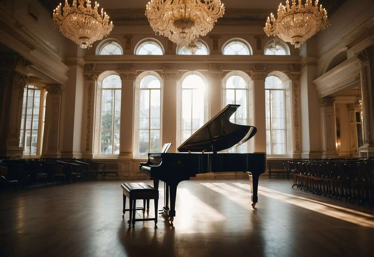 A grand piano sits in the center of an ornate ballroom, bathed in soft light. Sheet music flutters in the gentle breeze, as the melody of classical music fills the air