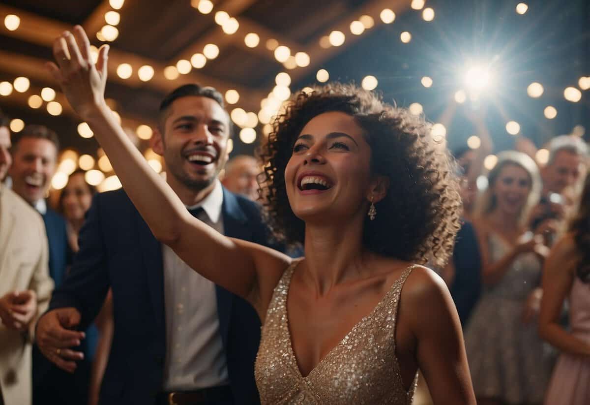 A couple dances joyfully to a lively song, surrounded by smiling guests. The upbeat music sets the tone for a fun and celebratory wedding entrance