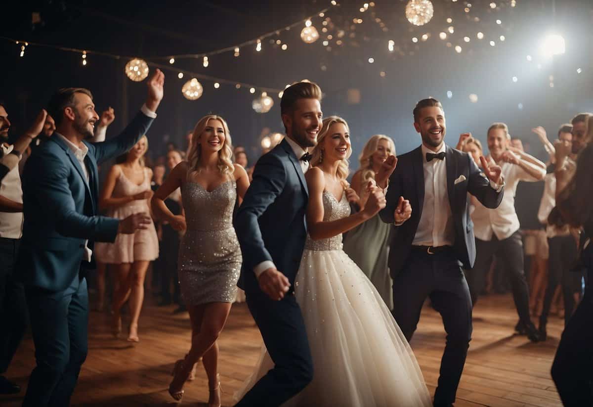 People dancing to popular wedding hits, with a lively atmosphere and upbeat music