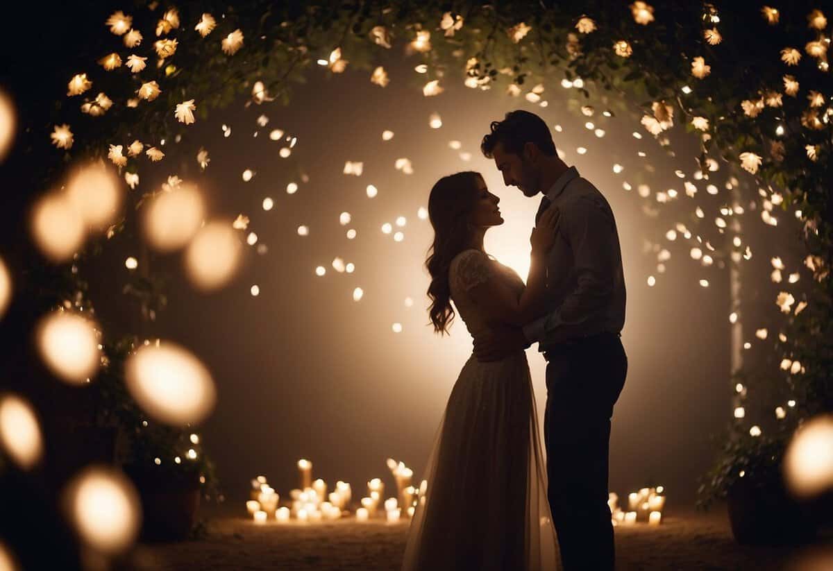 A couple dances under twinkling lights, surrounded by blooming flowers and soft candlelight, as "A Thousand Years" by Christina Perri fills the air with a romantic and enchanting atmosphere