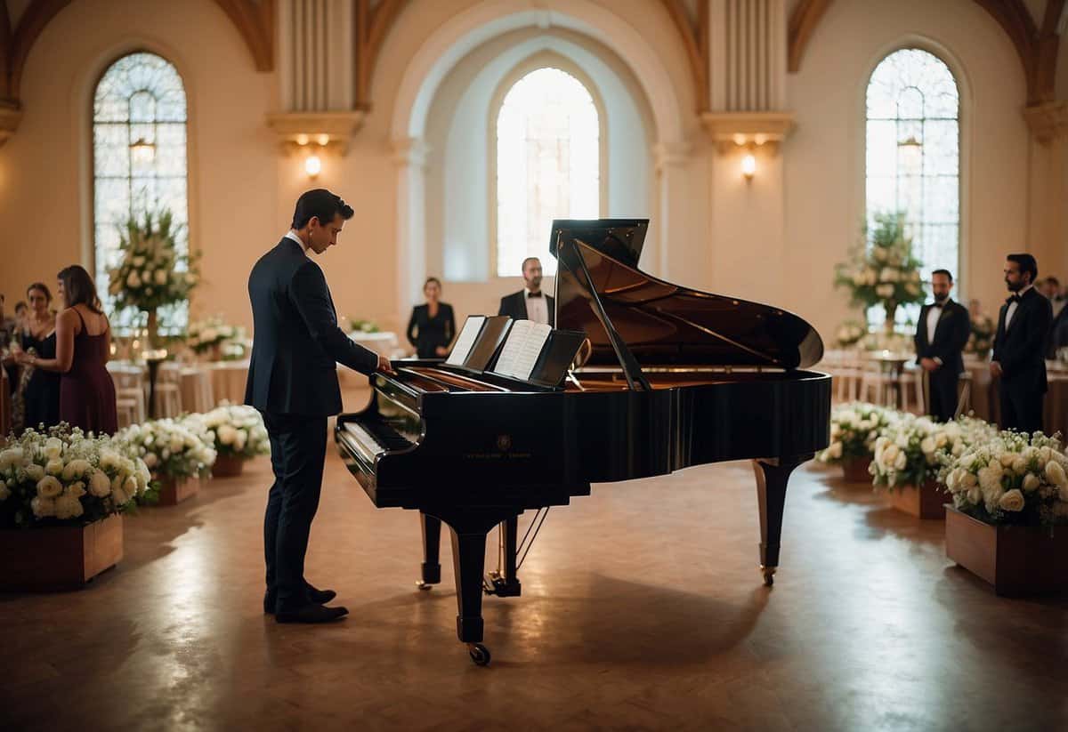 A couple stands at an altar, surrounded by guests. A musician plays a beautiful melody on a grand piano, setting the perfect ambiance for their special day