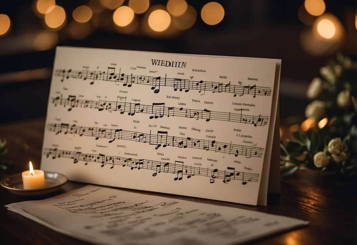 A couple's wedding timeline with music notes and instruments arranged in a chronological order, from ceremony to reception