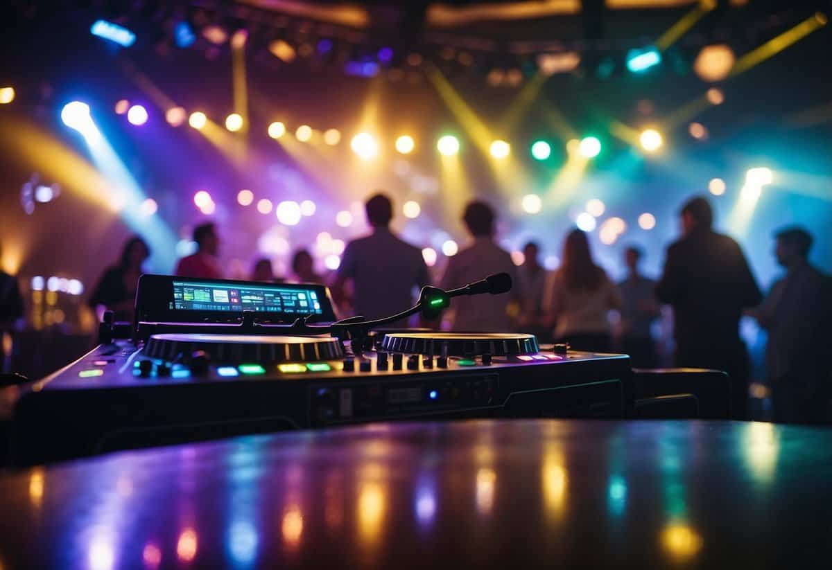 A lively wedding reception with a DJ or band performing on stage, surrounded by dancing guests and colorful lights creating a festive atmosphere