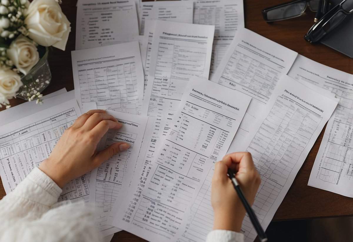 A bride sits at a desk with a budget spreadsheet, wedding magazines, and a calendar. She marks off tasks and expenses, staying organized and focused