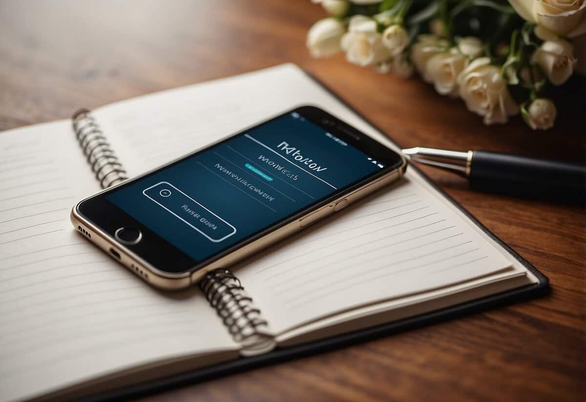 A smartphone displaying a wedding planning app with a checklist, calendar, and budget tracker. A notebook with organization tips and a pen next to it