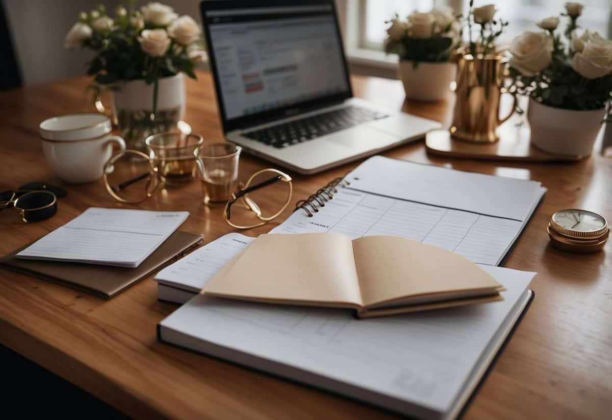 A wedding planner sits at a desk, surrounded by organization tips and checklists. A calendar and notebook lay open, as the planner takes notes and makes phone calls