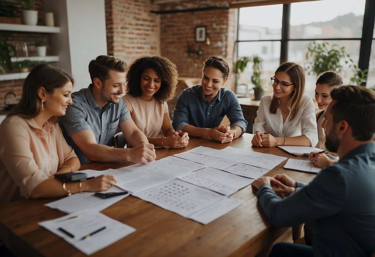 Friends gather around a table, assigning wedding planning tasks. Lists and calendars are spread out, as everyone contributes ideas and responsibilities