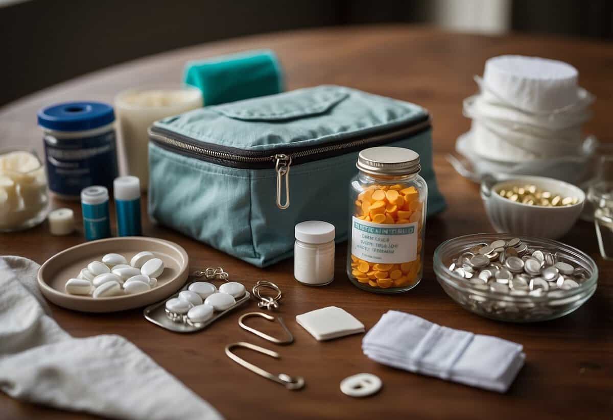 A table displays a wedding day emergency kit: sewing supplies, safety pins, stain remover, band-aids, breath mints, and tissues neatly organized