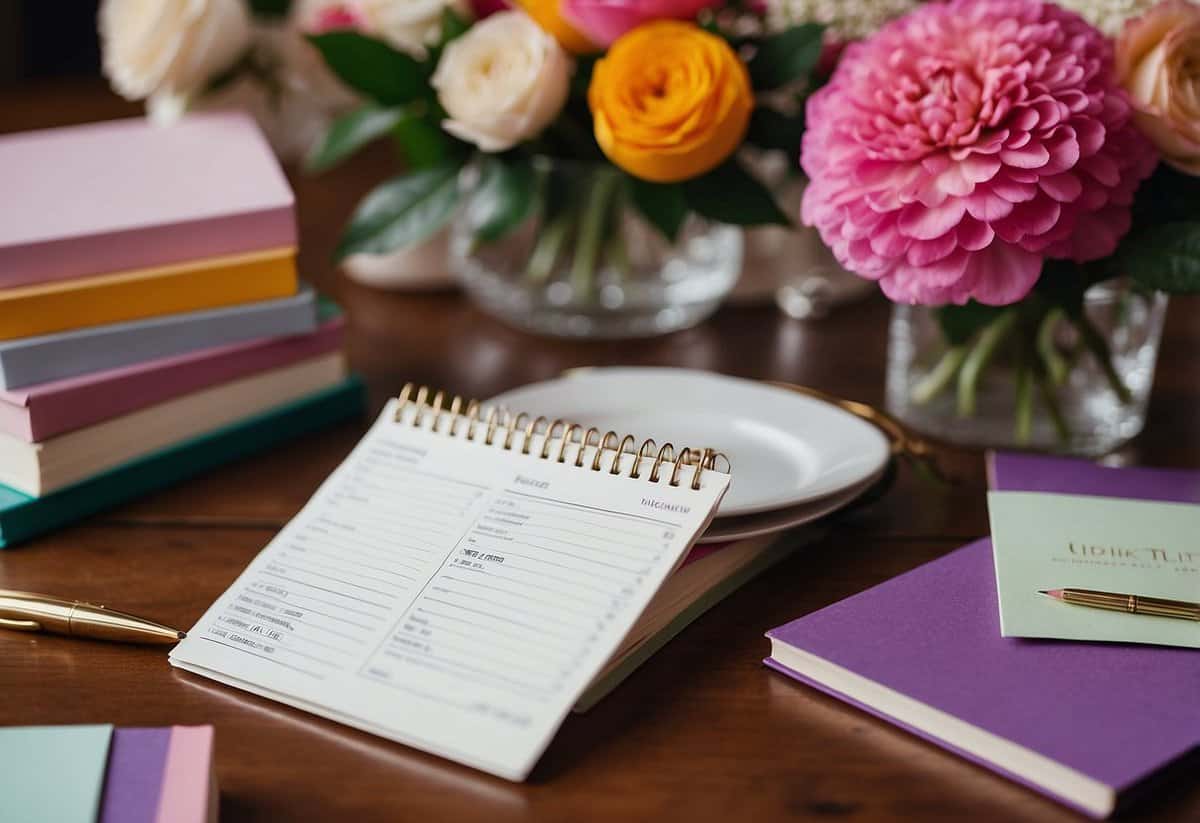 A table with neatly arranged guest list cards, a pen, and a notebook, surrounded by wedding planning books and colorful swatches