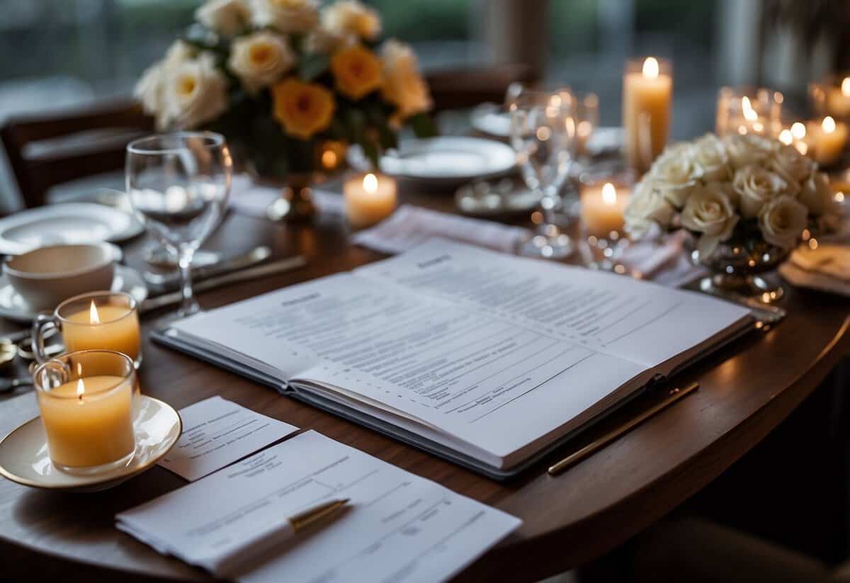 A table set with wedding planning materials, seating arrangements, and a schedule. A planner is reviewing the details with a couple