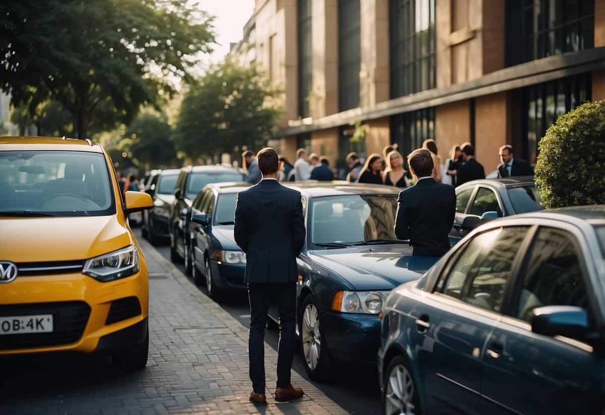 Guests wait outside a venue, while a wedding planner arranges transportation. Cars and buses are parked nearby