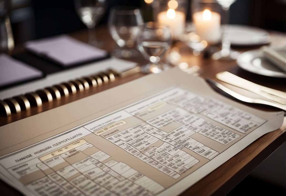 A timeline chart with wedding planning stages and tips displayed on a desk