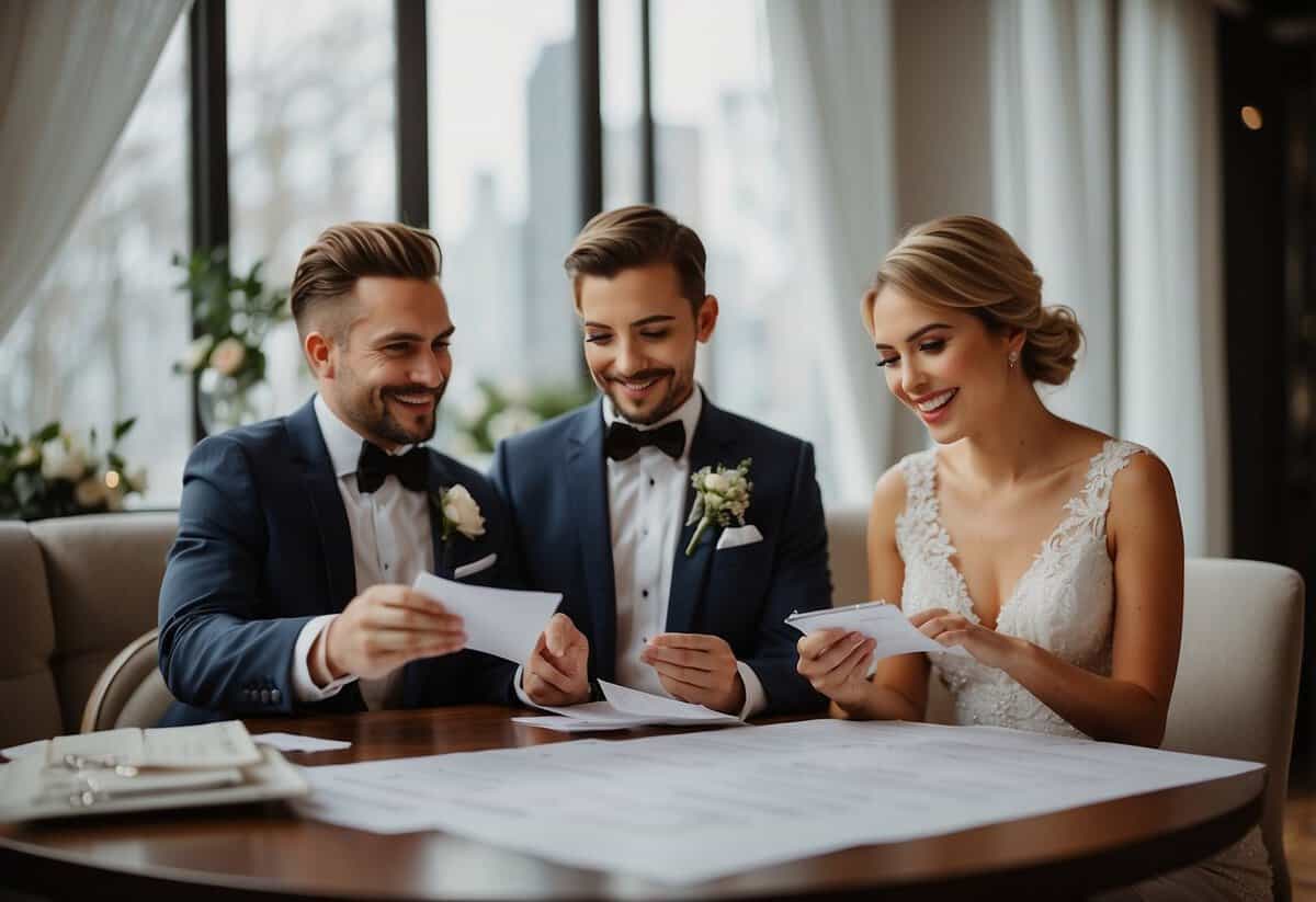 A bride and groom sit at a table with a budget spreadsheet, organizing and prioritizing wedding expenses. A checklist and calendar are nearby