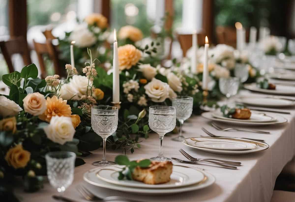 A beautifully set table with elegant place settings, floral centerpieces, and a variety of delicious dishes displayed on a buffet for a DIY wedding catering scene