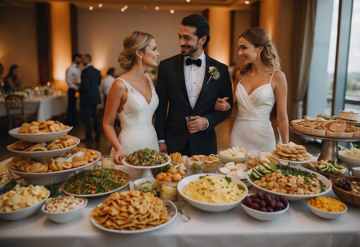 A bride and groom stand in front of a buffet table, showcasing a variety of dishes and drinks. A sign reads "Versatile Menu Tips for Catering Your Own Wedding."