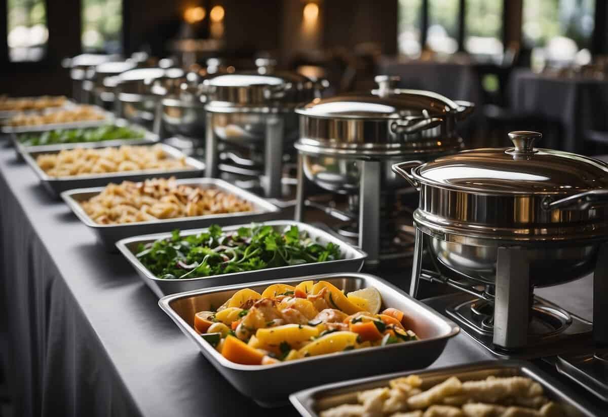 High-quality catering equipment arranged neatly on a table, including chafing dishes, serving platters, and elegant silverware