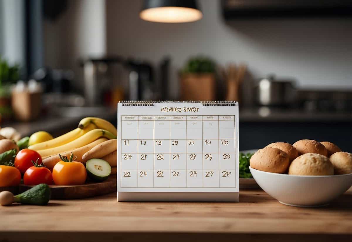 A neatly organized calendar with labeled time slots for food prep, setup, and serving. A checklist of ingredients and equipment sits nearby