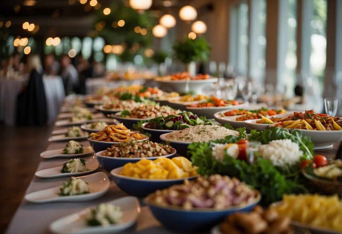 A long table adorned with an array of delectable dishes, from savory meats to colorful salads, set up for self-service at a wedding reception