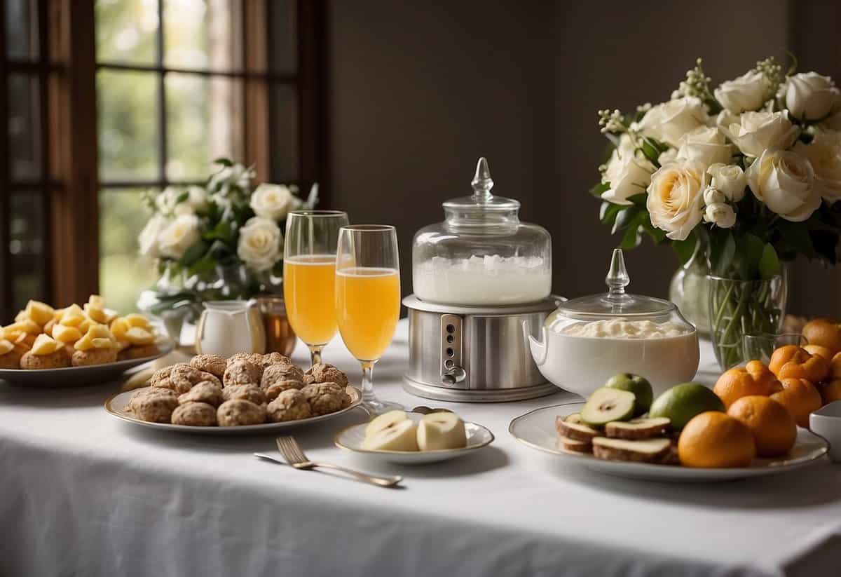 A table adorned with a white tablecloth holds a variety of beverage dispensers, glassware, and garnishes. A sign with elegant calligraphy reads "Beverage Station" above the spread