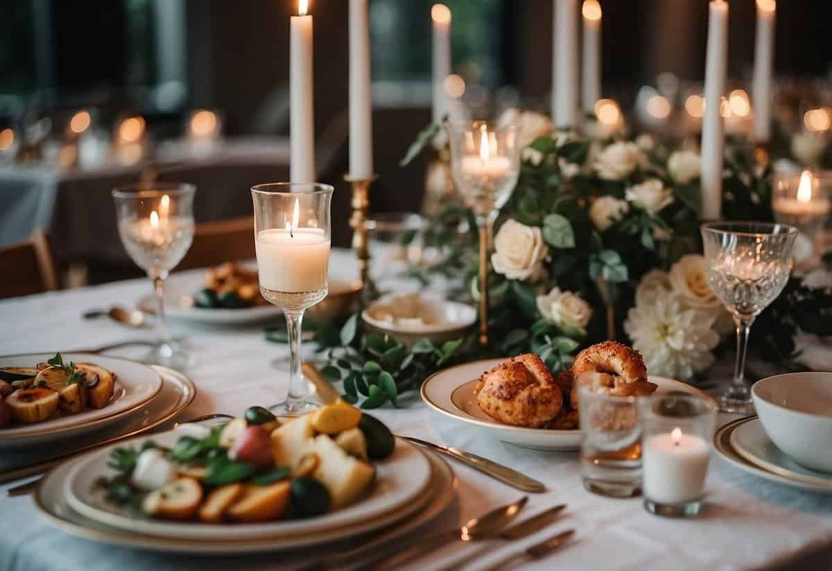 A table set with extra place settings and food for unexpected guests at a wedding