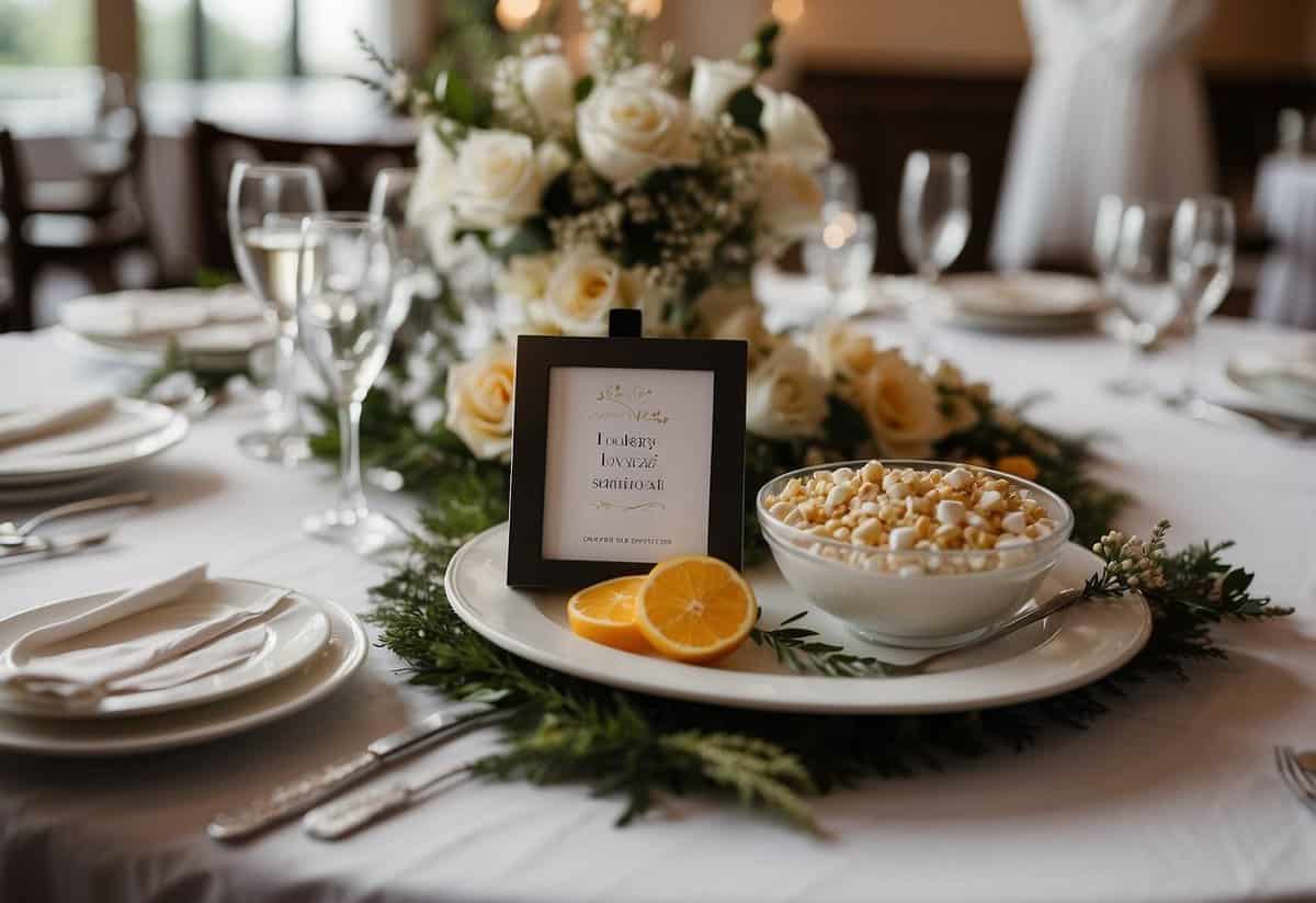 A table is set with covered dishes, labeled with food safety tips. A hand sanitizer station is nearby. The wedding venue is decorated in a clean and organized manner