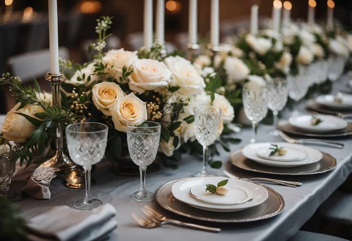 A beautifully set table with elegant place settings, floral centerpieces, and a variety of delectable dishes displayed on silver platters