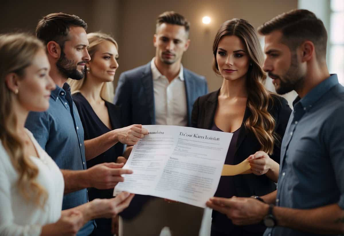 A group of people stand in a circle, each holding a piece of paper with their assigned roles for the wedding rehearsal. They listen intently as the coordinator gives tips and instructions for the upcoming event