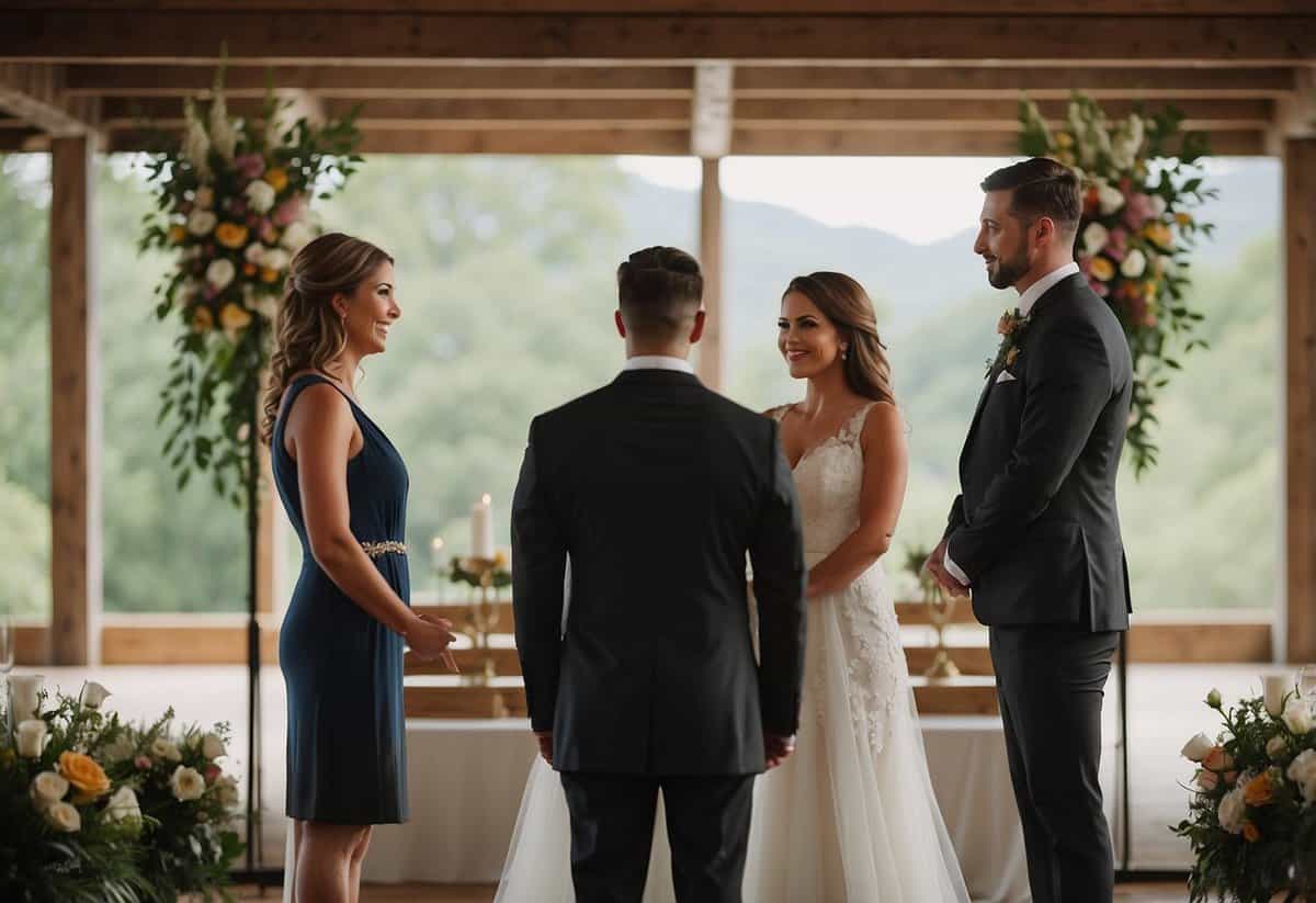 The officiant stands at the altar, guiding the couple through their wedding rehearsal. They offer tips and advice, ensuring a smooth and seamless ceremony