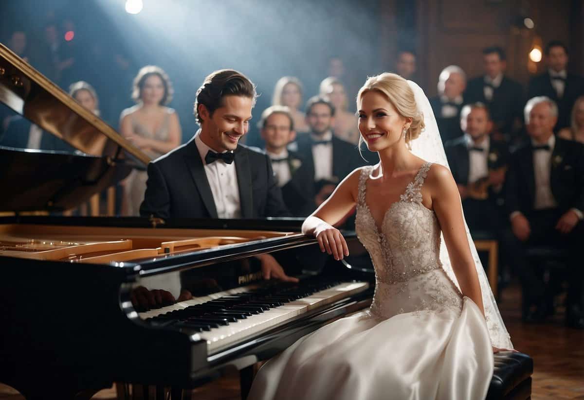 A bride and groom sit at a grand piano, surrounded by musicians. They smile as they listen to the beautiful music filling the room