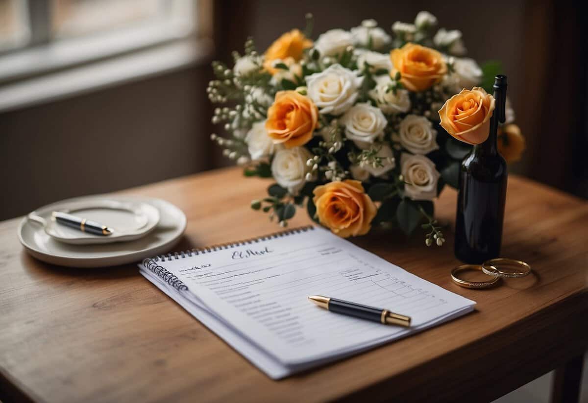 A table with a wedding planner checklist, a pen, and a bouquet of flowers. A bride and groom figurine stands next to the checklist
