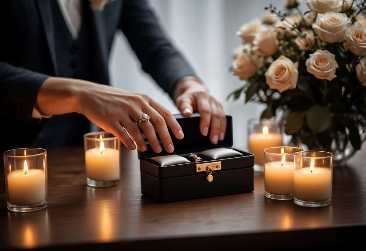 A table set with two elegant ring boxes, surrounded by flowers and candles. A couple's hands reaching for the boxes, ready to exchange rings