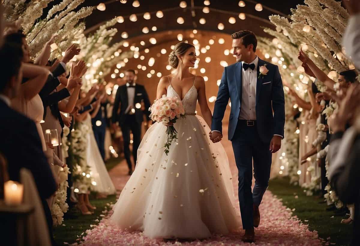 A couple walks through an elegant wedding exit, with flower petals scattered on the ground and soft glowing lights illuminating the path