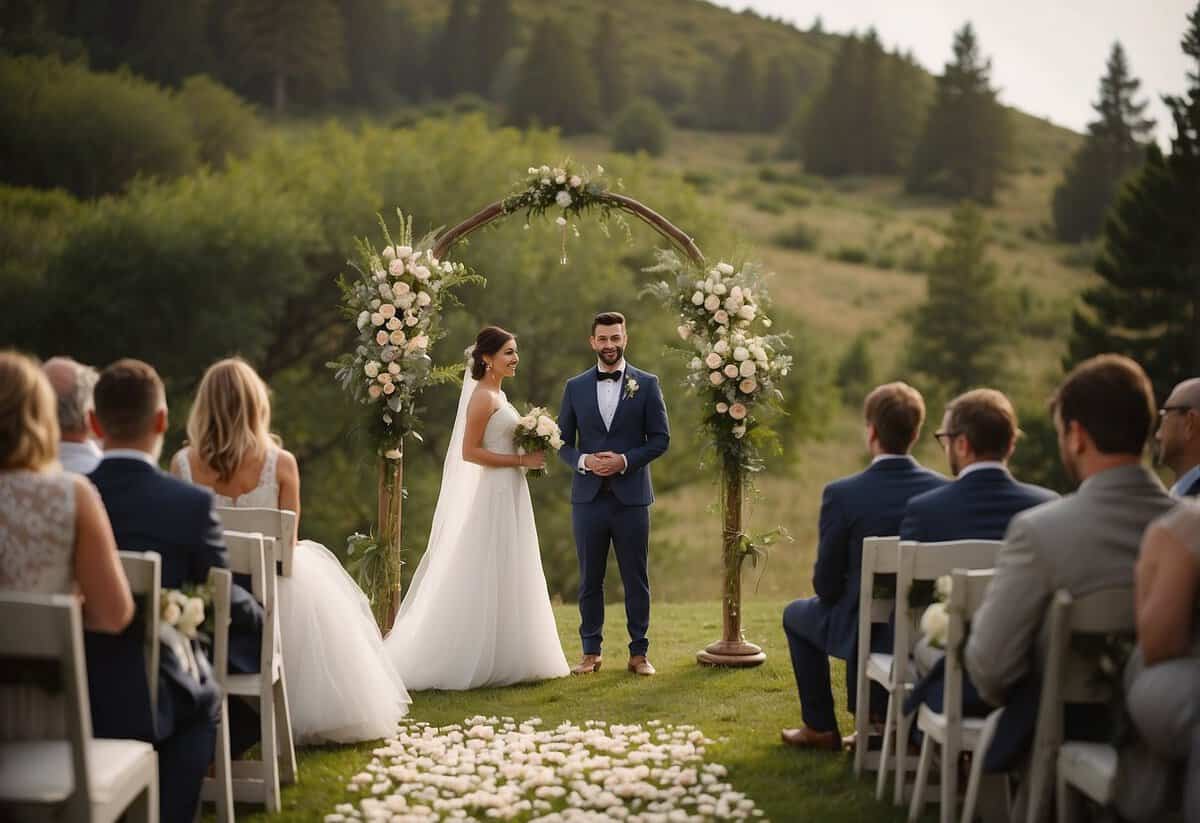 A bride and groom stand at the altar, practicing their vows. A wedding planner directs the bridal party in their positions. Tables and chairs are set up for the reception