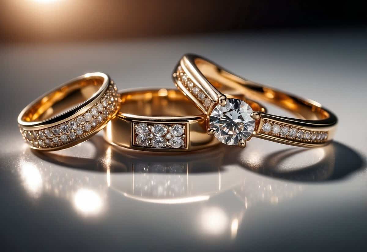 A table with various wedding ring styles displayed. Bright lighting and a clean, minimalist backdrop
