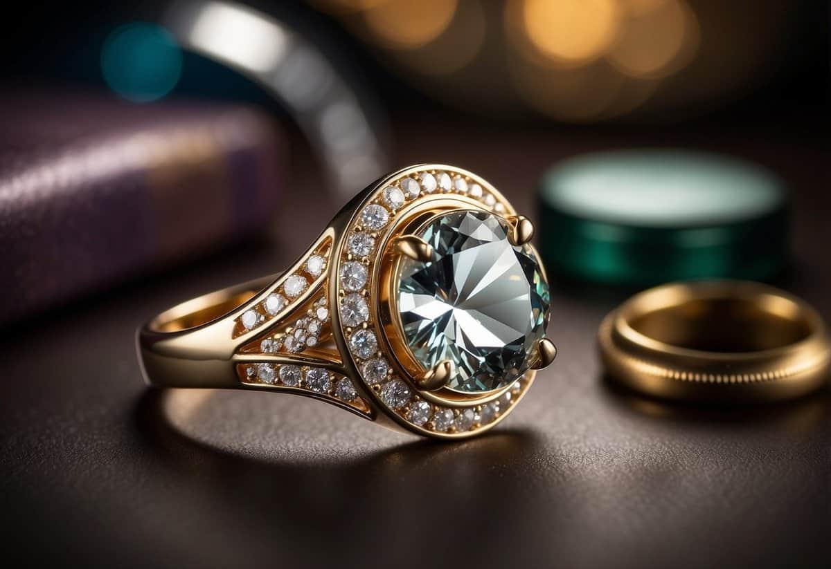 A sparkling diamond ring surrounded by magnifying glass, color chart, and scale