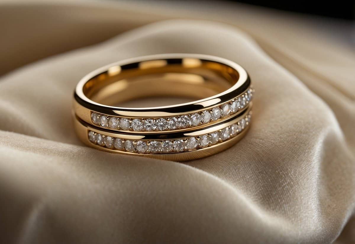 A display of elegant gold, platinum, and palladium wedding rings arranged on a velvet cushion in a luxurious jewelry store setting