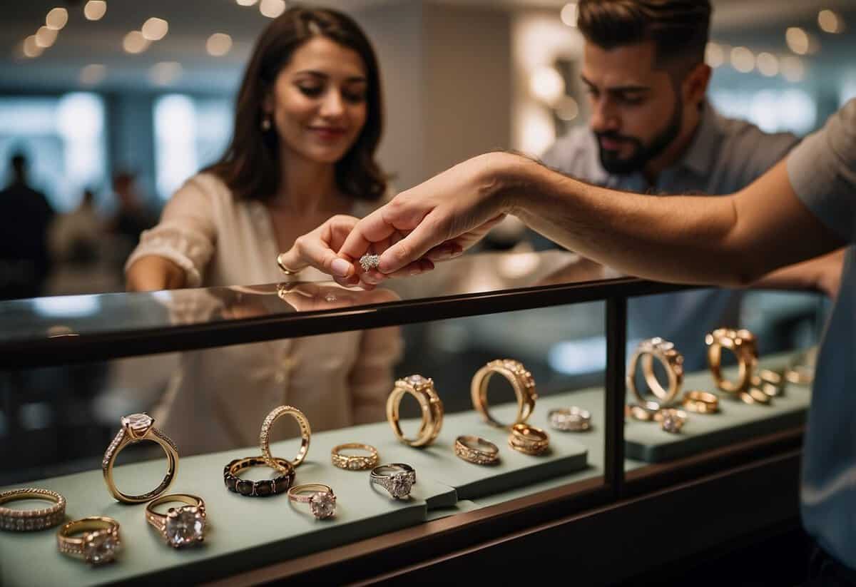 A couple browsing through various wedding ring styles at a jewelry store, discussing their preferences and trying on different rings