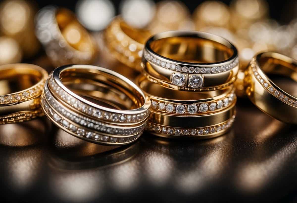 A close-up of various wedding ring bands, showing different widths and thicknesses. The bands are arranged neatly on a display, with soft lighting highlighting their details