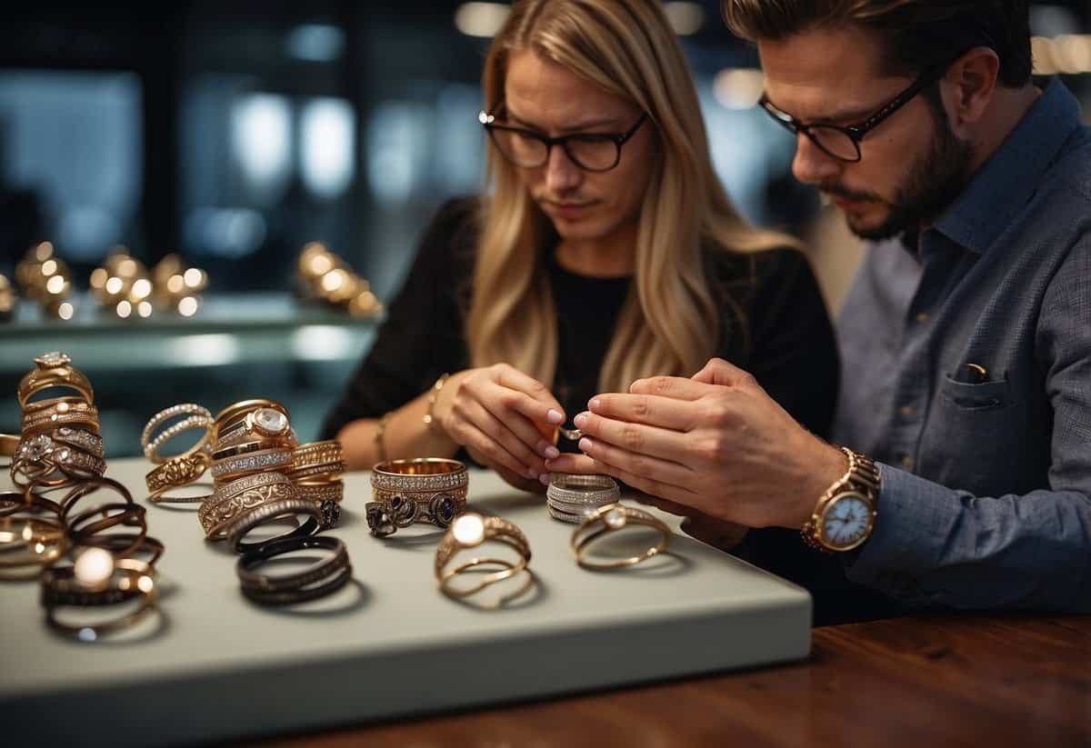 A couple compares custom and pre-made wedding rings at a jewelry store, examining intricate designs and classic styles